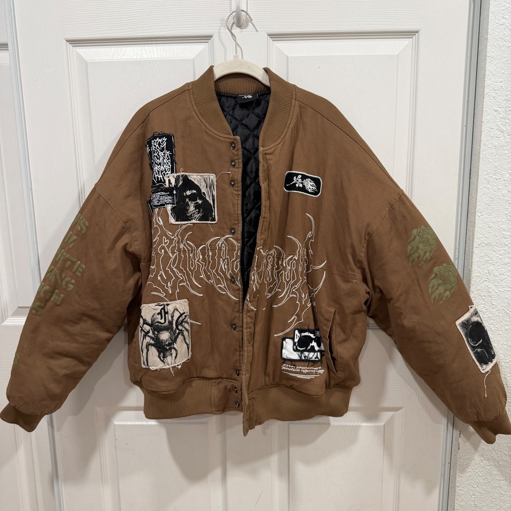 Civil Regime Roses From Concrete Bomber Jacket Brown Patchwork Mens XL